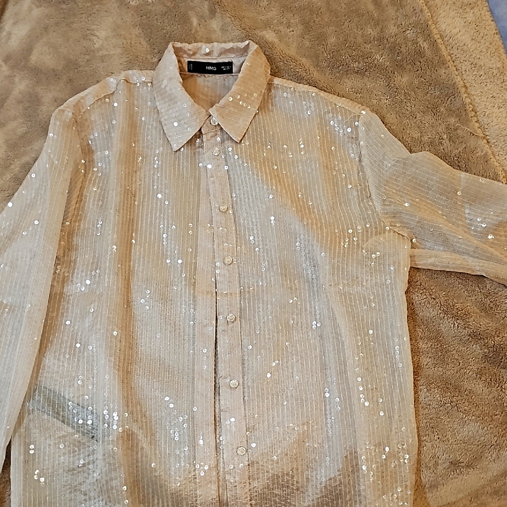 Mango Sequin Button-Up Shirt